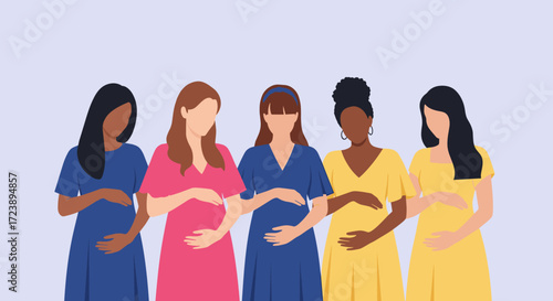 A group of diverse pregnant women stand together holding their bellies.