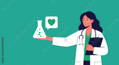 A medical professional holds a flask with research data and a symbol of a healthy heart with scientific advancements.