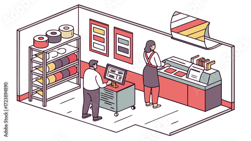 Vector art of isometric view of a butcher shop with workers, meat display, and storage, showcasing the interior design