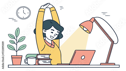 Vector art of woman stretching at her desk, taking a break from work and enjoying a moment of relaxation and wellness