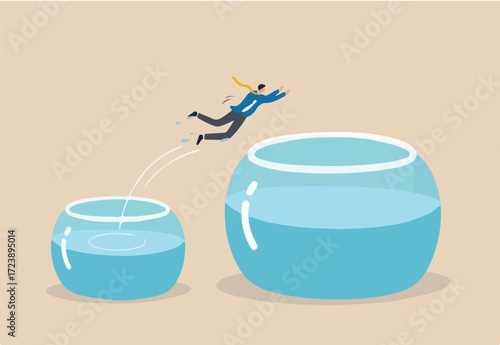Change or move to better opportunity, entrepreneurship, escape from comfort zone or safe zone, determination or new challenge concept, confident businessman jump from small fishbowl to the better one.