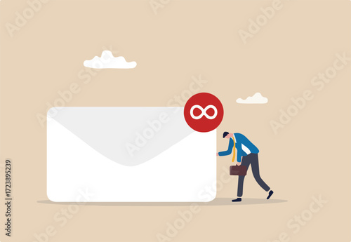 Busy email overload, inefficient communication, anxiety, exhausted or burnout from too many messages concept, desperate hopelessness businessman with his inbox with infinity unread emails.