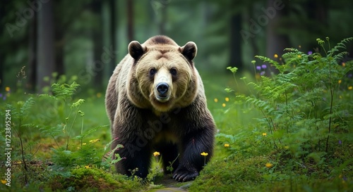 Wallpaper Mural Majestic brown bear walks forward in a lush green forest with soft dappled light Torontodigital.ca