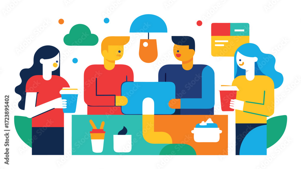 © MSTLUPA - Vector art of a group of friends are enjoying coffee and working together on a project © MSTLUPA - Vector art of a group of friends are enjoying coffee and working together on a project