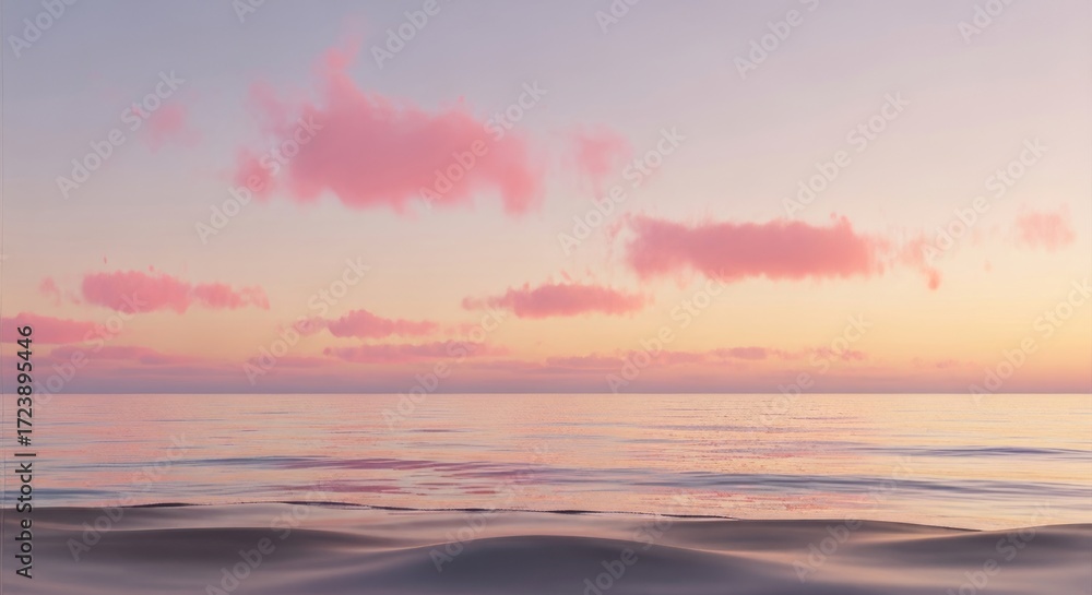 Fototapeta premium Gentle ocean waves reflect soft pink clouds at sunrise, creating a serene and tranquil seascape.