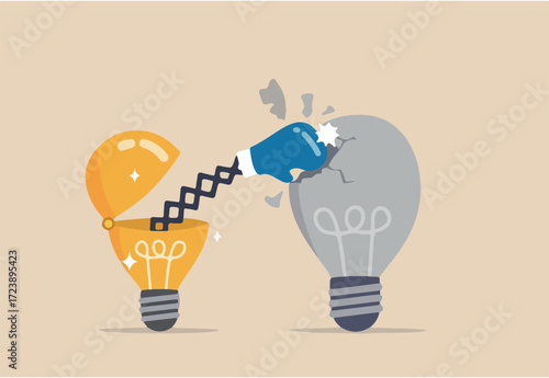 Pitching winner idea, disruption innovation or creativity to win business competition, business strategy or marketing concept, smart bright lightbulb idea open with boxing globe to punch competitor.