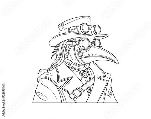 Black and white line art illustration of a mysterious steampunk plague doctor wearing a traditional beak mask