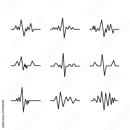 Heartbeat monitor icons outline set with heart rate graph pulse waveform and normal sinus rhythm vector illustration