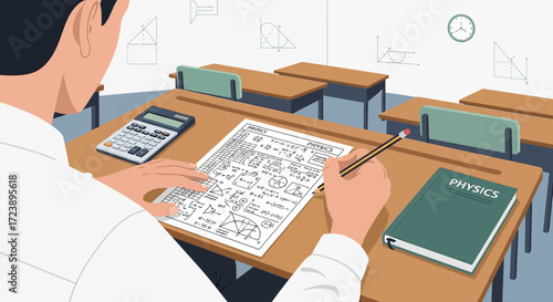 Student focused on solving physics problems in a classroom setting depicted in illustration