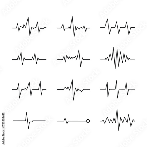 Heartbeat monitor icons outline set with heart rate graph pulse waveform and normal sinus rhythm vector illustration