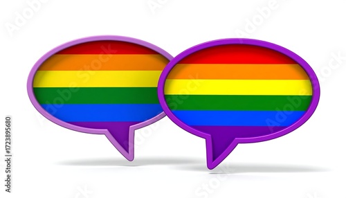 Two 3D speech bubbles with the rainbow flag colors representing LGBTQ+ pride and inclusivity, against a clean white background