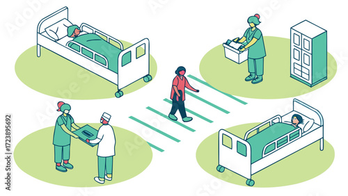 Vector art of isometric illustration showing hospital scene with patients, nurses, and doctors providing care to patients in hospital beds
