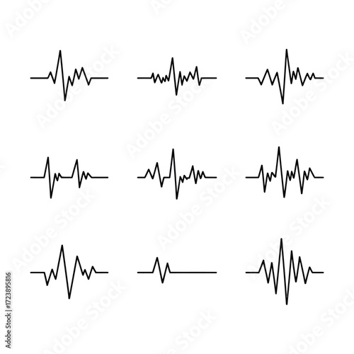 Heart rate monitor outline icon collection showing pulse waveform heartbeat readings and normal sinus rhythm vector graphics