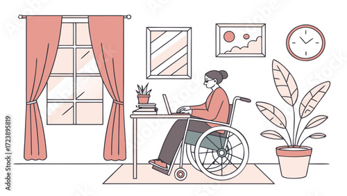 Illustration of a person in a wheelchair working on a laptop at home