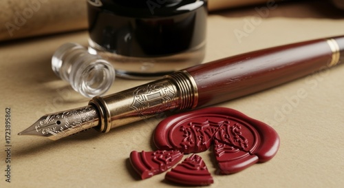 Wallpaper Mural Elegant fountain pen and inkwell with a broken wax seal, evoking history and tradition Torontodigital.ca