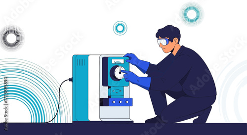 Technician operating specialized equipment in a laboratory environment with precision and safety