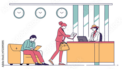 Vector art of a busy hotel lobby with guests checking in and waiting, clocks showing different time zones, and a modern interior design