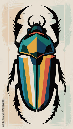 Flat illustration of a multi-colored scarab beetle in the Egyptian style. Vector graphics. EPS.