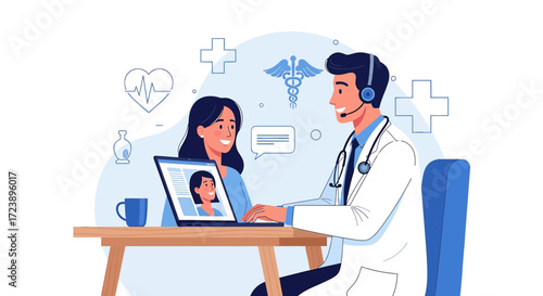 Telemedicine consultation showcasing a doctor advising a patient online through a laptop screen