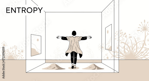 The concept of entropy illustrated by a woman in an enclosed space with artworks and sand piles