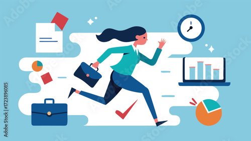 Vector art of a dynamic illustration of a businesswoman running against time, surrounded by business elements, symbolizing urgency and efficiency
