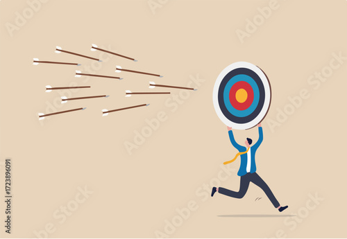 Chasing for target achievement, guidance or control to reach goal, competition or challenge to success, aiming or motivation concept, businessman holding big arrow target run away from bunch of arrow.