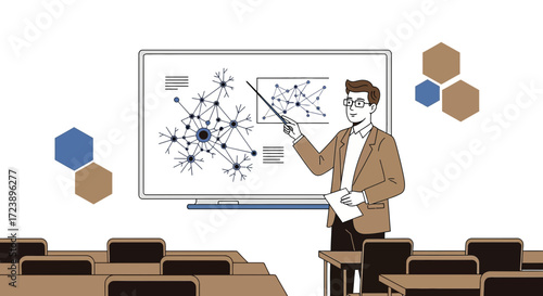 Vector illustration of a professor lecturing about network data analysis in classroom