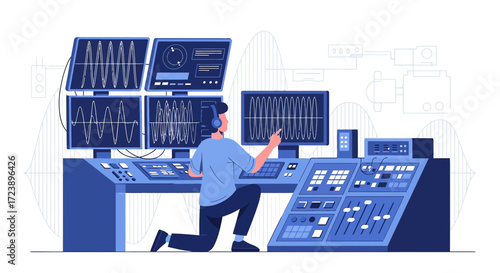 Vector illustration of a sound engineer working in a recording studio with monitors and control