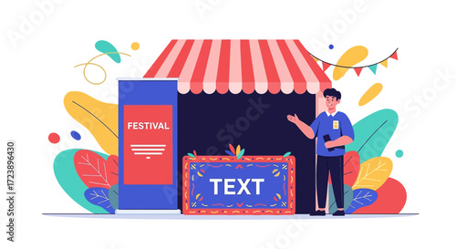 Vibrant festival vendor booth with a friendly promoter and colorful decorations and sign