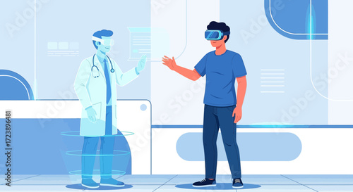 Virtual reality healthcare consultation, doctor hologram interacts with patient wearing VR headset