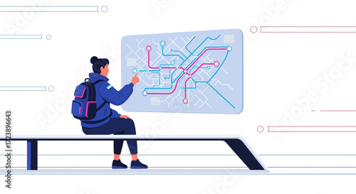 Woman Interacting with an Interactive Subway Map at a Modern Station Illustration