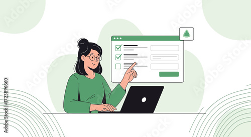 Woman interacting with online form on a laptop, showcasing digital completion and data entry