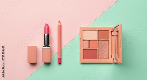 Wallpaper Mural Chic makeup essentials including lipstick, lip pencil, and eyeshadow palette arranged on a pastel background. Torontodigital.ca