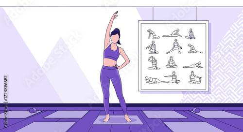 Woman practicing yoga in a studio with mats and a yoga pose chart on the wall perfect for