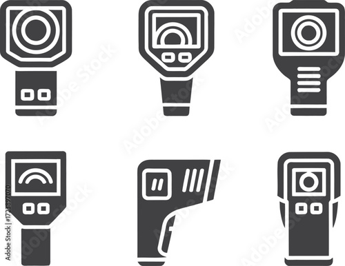 Collection of six different thermal imaging cameras and infrared thermometers icons