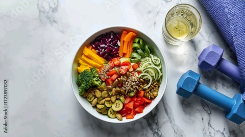 Vibrant Buddha bowl and dumbbells inspire healthy lifestyle choices, showcasing nutritious food and fitness equipment for wellness and vitality