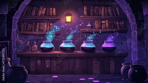 Colorful potions in glass jars are bubbling on a wooden table in a mystical room, surrounded by shelves filled with ancient books and magical artifacts, creating an enchanting atmosphere