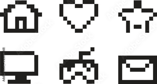 Retro pixel art icons for home computer game and communication