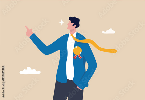 Expertise advice, top performance employee or award recognition winning, smart salesman or leadership concept, confidence businessman manager with award winning emblem giving advice or consult.