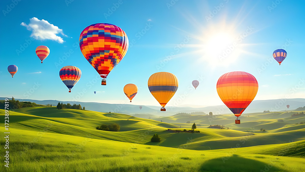 Obraz premium Colorful hot air balloons festival. Hot air balloons in clear blue sky. Bright sunlight on flying balloons.