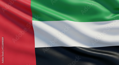 A photorealistic render showcases the national flag of the united arab emirates, featuring its vibrant colors and dynamic folds, symbolizing the countrys unity and progress with a sense of national pr