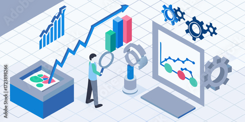 Isometric illustration of business analytics and data visualization with charts and graphs