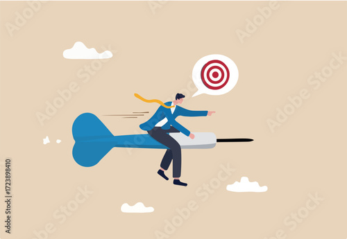 Aiming for target or goal, determination and strategy to reach target and achieve business success, aspiration and direction to win and victory, confidence businessman riding dart aiming for target.