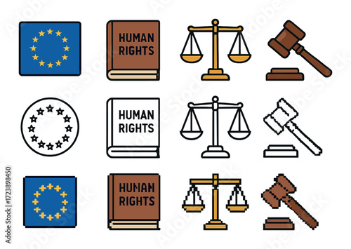 European union human rights symbols: books, scales, gavel illustrations