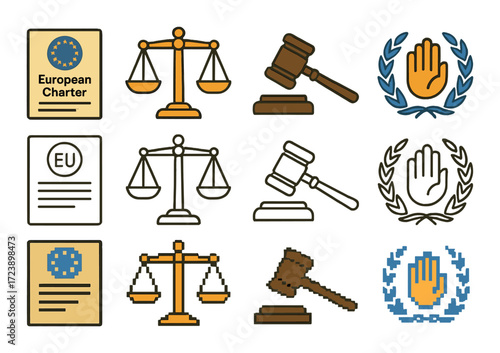 European charter symbols: scales, gavel, hand, eu documents on gradient background