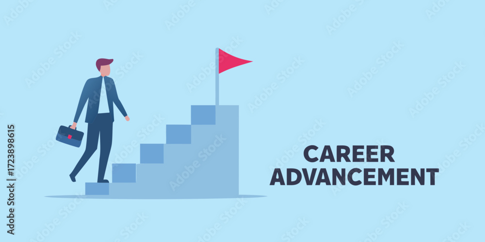 Fototapeta premium Businessman climbing stairs towards a red flag representing career advancement and success