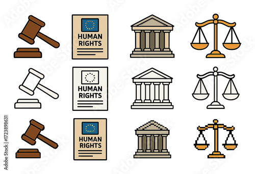 Icons of judicial symbols: gavel, human rights, courthouse, scales of justice