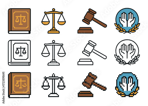 Legal icons: scales, gavel, and book in various artistic styles