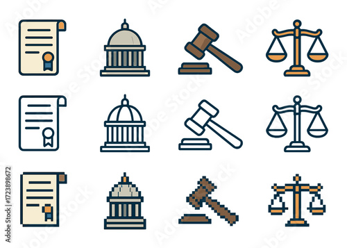 Legal icons collection featuring gavel scales document and government building
