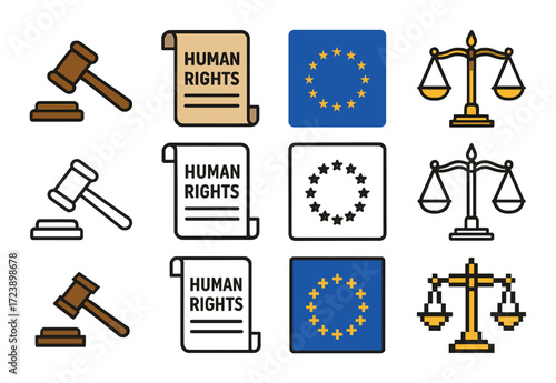 Human rights and justice in europe: icon set featuring scales, gavel, and eu stars